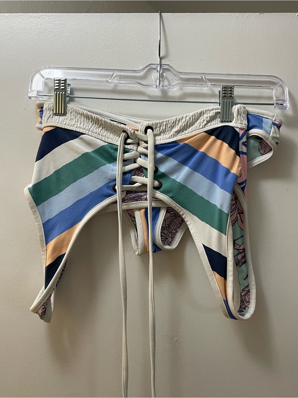 Maaji Multi-Stripe Lace-Up Bikini Bottoms in Navy, Green, Blue, Peach, Cream